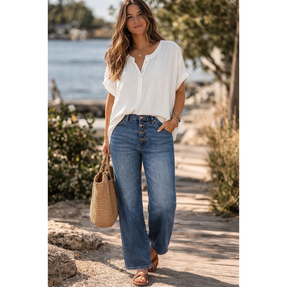 J.Crew 96 Slim Wide High Rise Button Fly Jeans Medium Indigo Blue Size 30